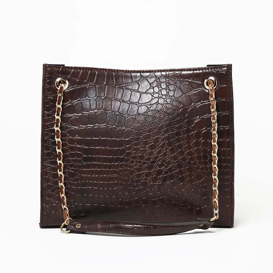 Brown Croc-Textured Top Handle Mini Bag