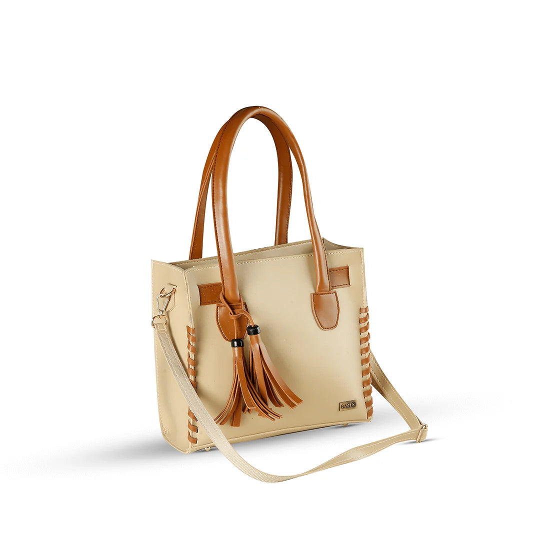 Elegant Beige Tote Bag Brown Tassel Accent