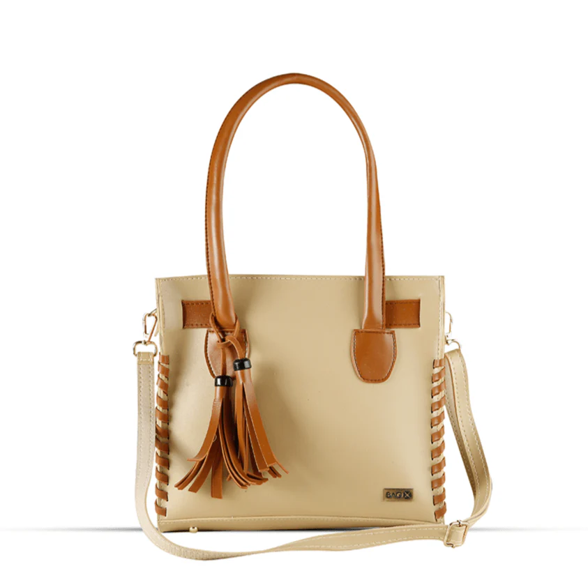 Elegant Beige Tote Bag Brown Tassel Accent