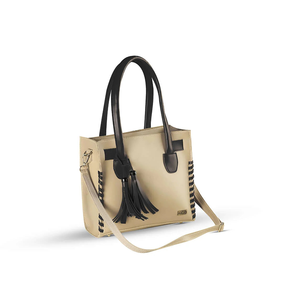 Elegant Beige Tote Bag with Black Tassel Accent