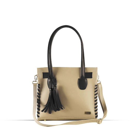 Elegant Beige Tote Bag with Black Tassel Accent