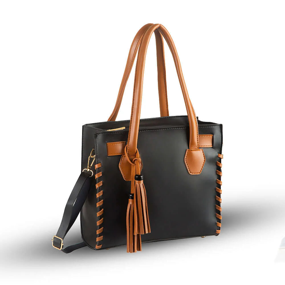 Elegant Black Tote Bag with Brown Tassel Accent