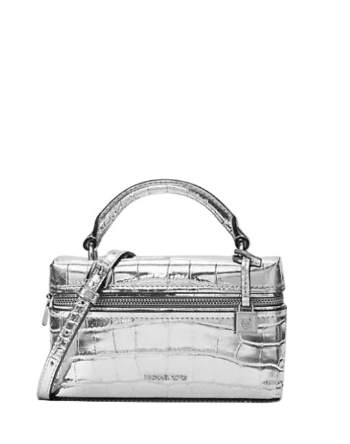 Silver Croc-Embossed Mini Top Handle Bag
