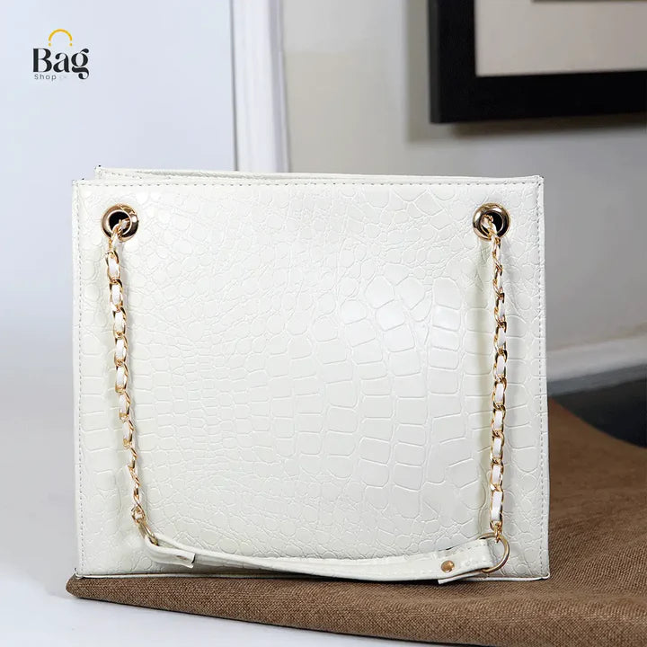 White Croc-Textured Top Handle Mini Bag