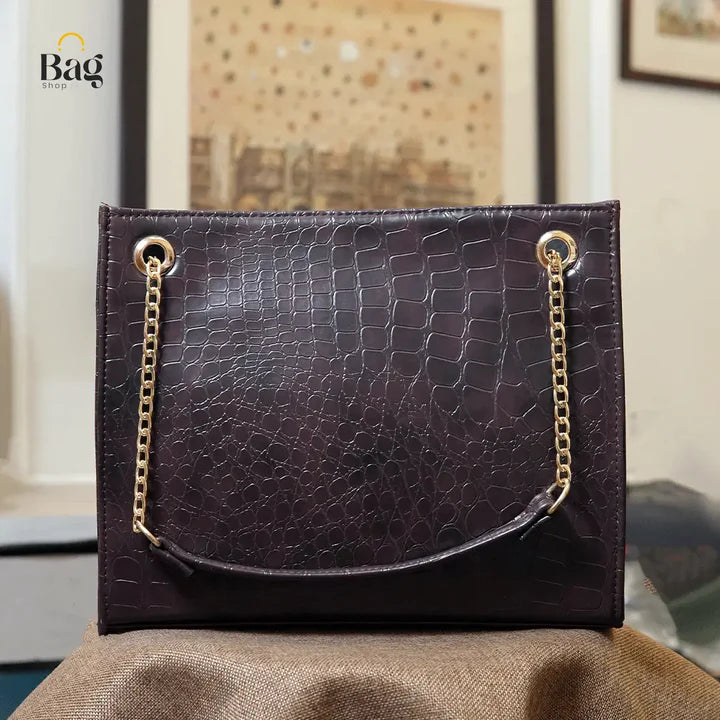 Brown Croc-Textured Top Handle Mini Bag