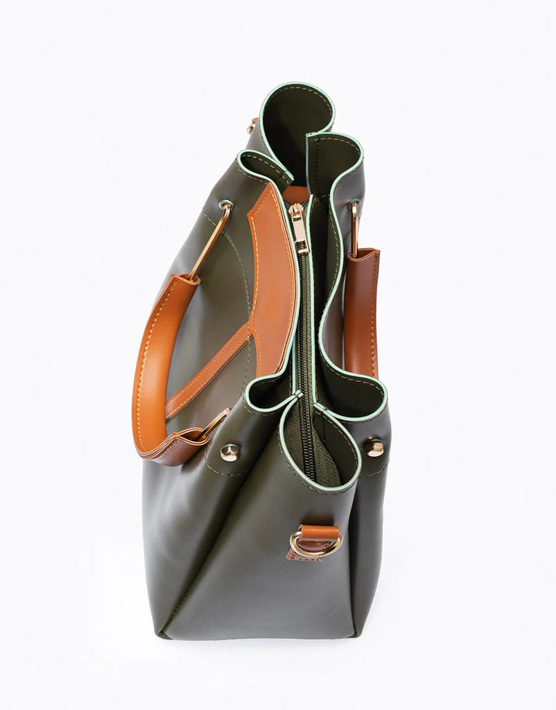 Olive Green Structured Tote with Tan Accents