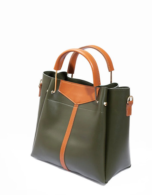 Olive Green Structured Tote with Tan Accents