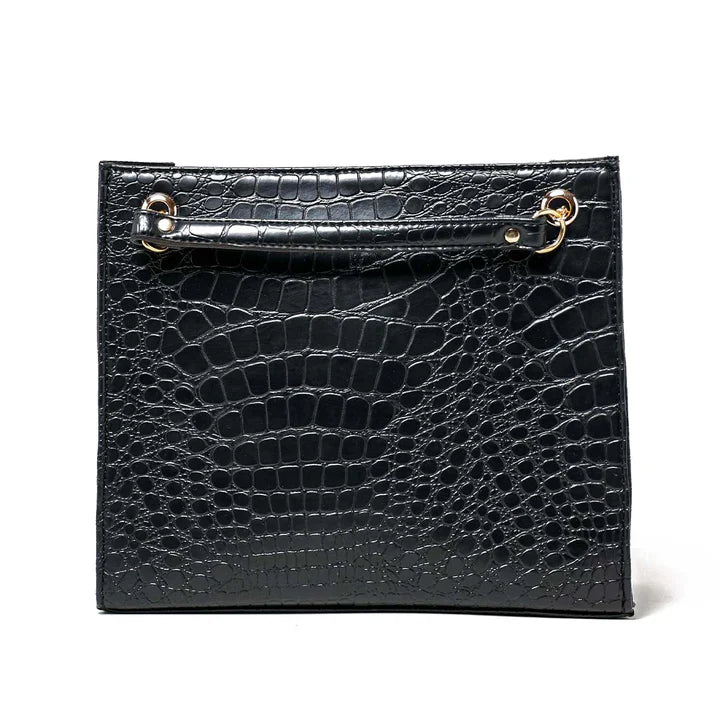Black Croc-Textured Top Handle Mini Bag