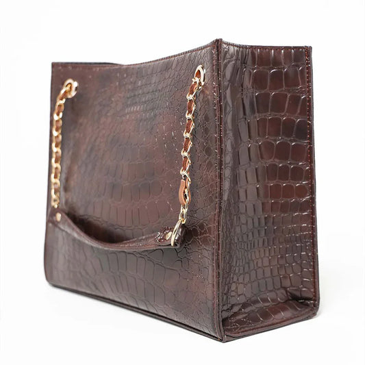 Brown Croc-Textured Top Handle Mini Bag