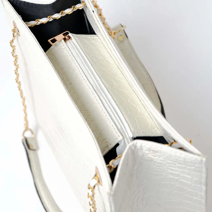 White Croc-Textured Top Handle Mini Bag