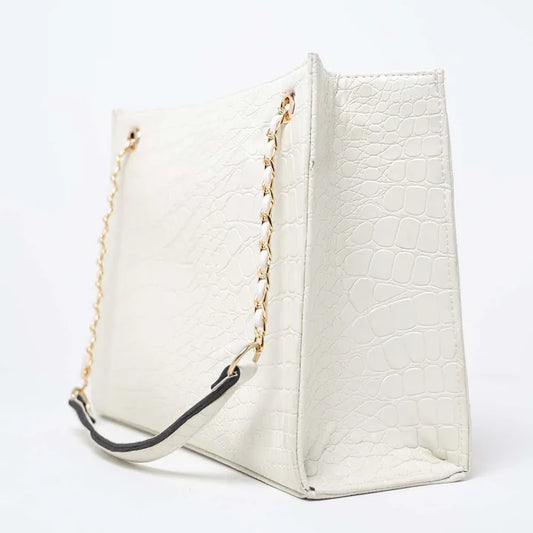 White Croc-Textured Top Handle Mini Bag