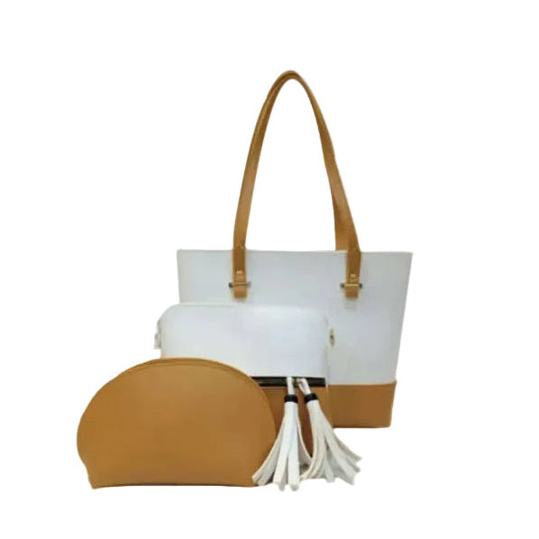 Chic Two-Tone Tote Bag Set with Tassel Pouch